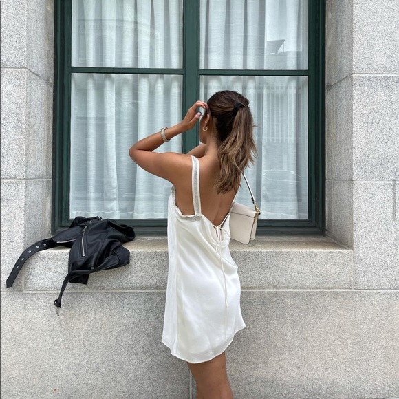 Zara Oyster White Strappy Rhinestone Satin Mini Dress - Picture 1 of 17